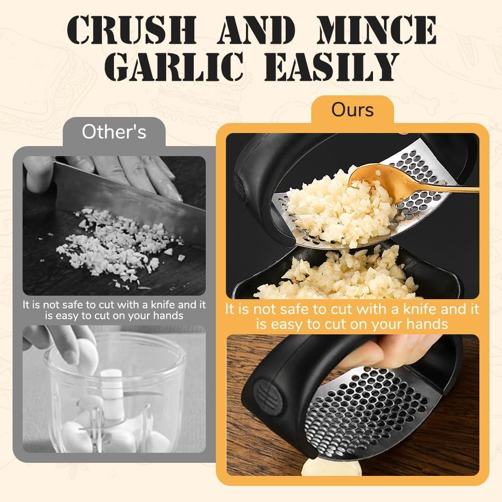 Garlic Press Rocker, Garlic Mincer Stainless Steel Garlic Crusher Squeezer Slicer Mincer Chopper Kitchen Gadget with Ergonomic Handle (Grey)