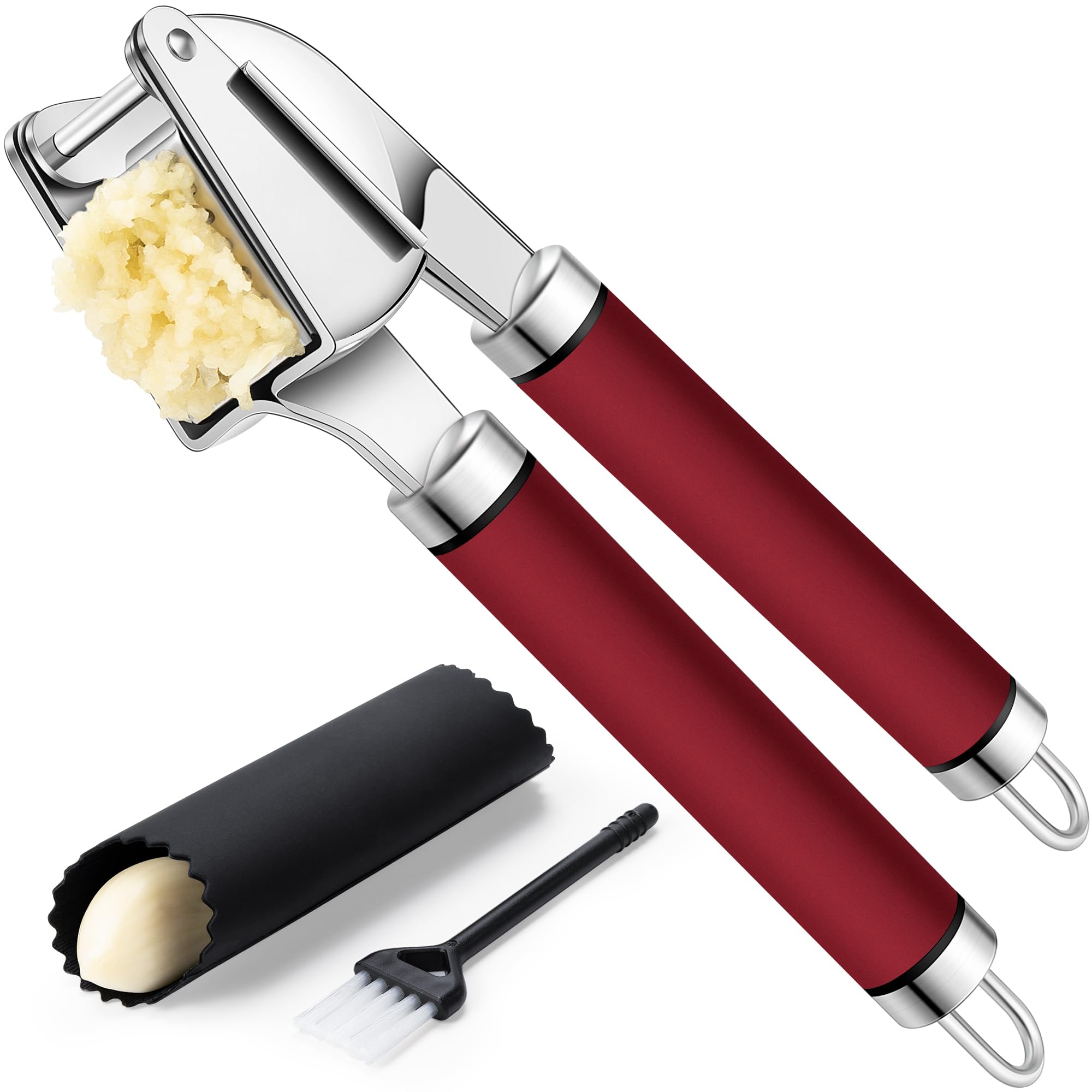 Rainspire Premium Garlic Press Stainless Steel, Garlic Mincer Tool, Garlic Crusher Tool, Garlic Smasher Garlic Masher Includes Silicone Garlic Peeler & Cleaning Brush, Dishwasher Safe (Silver)