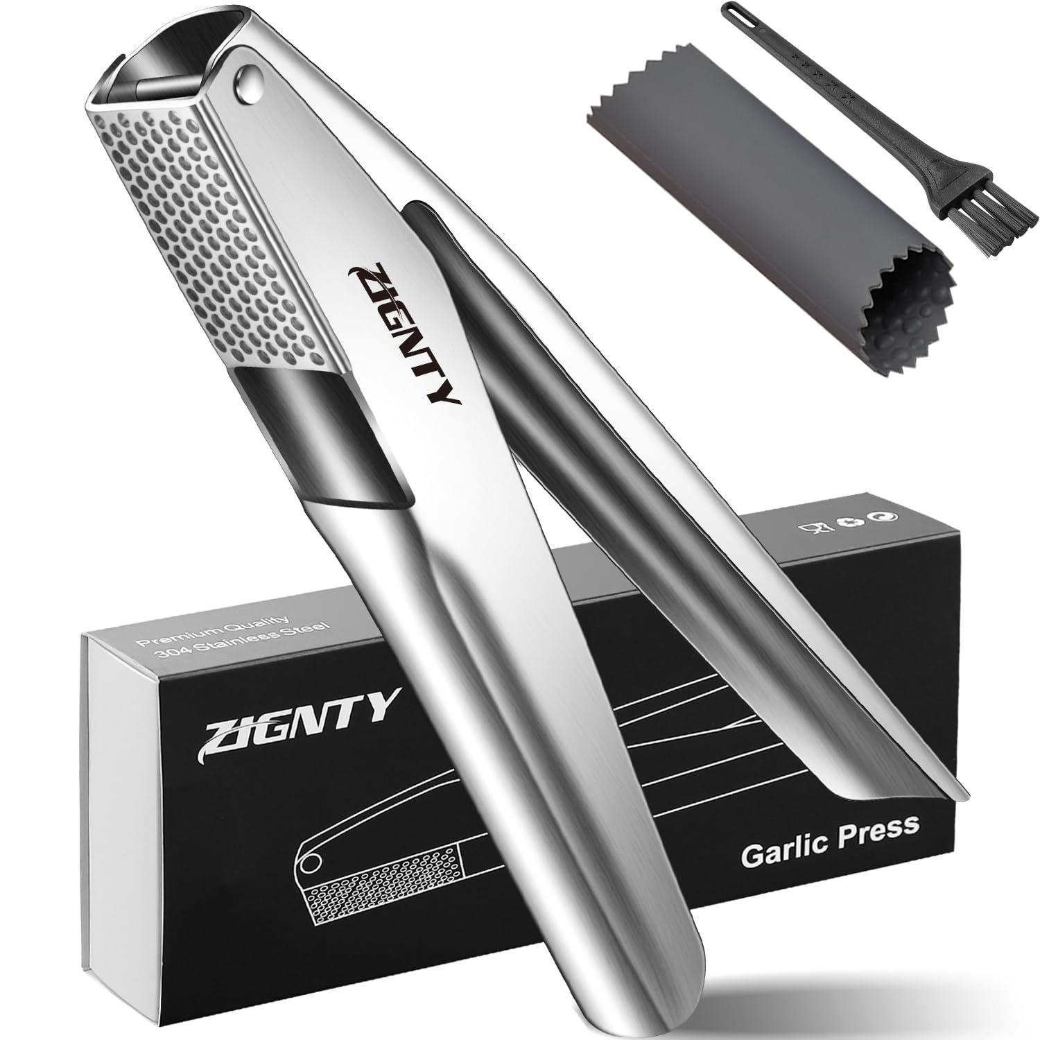 Garlic Press Stainless Steel,Premium Garlic Mincer Tool,No Need to Peel Garlic Ginger Crusher & Masher Easy Squeeze Large Trough Ergonomic Handle,Rust Proof,Dishwasher Safe (5 Years Warranty)