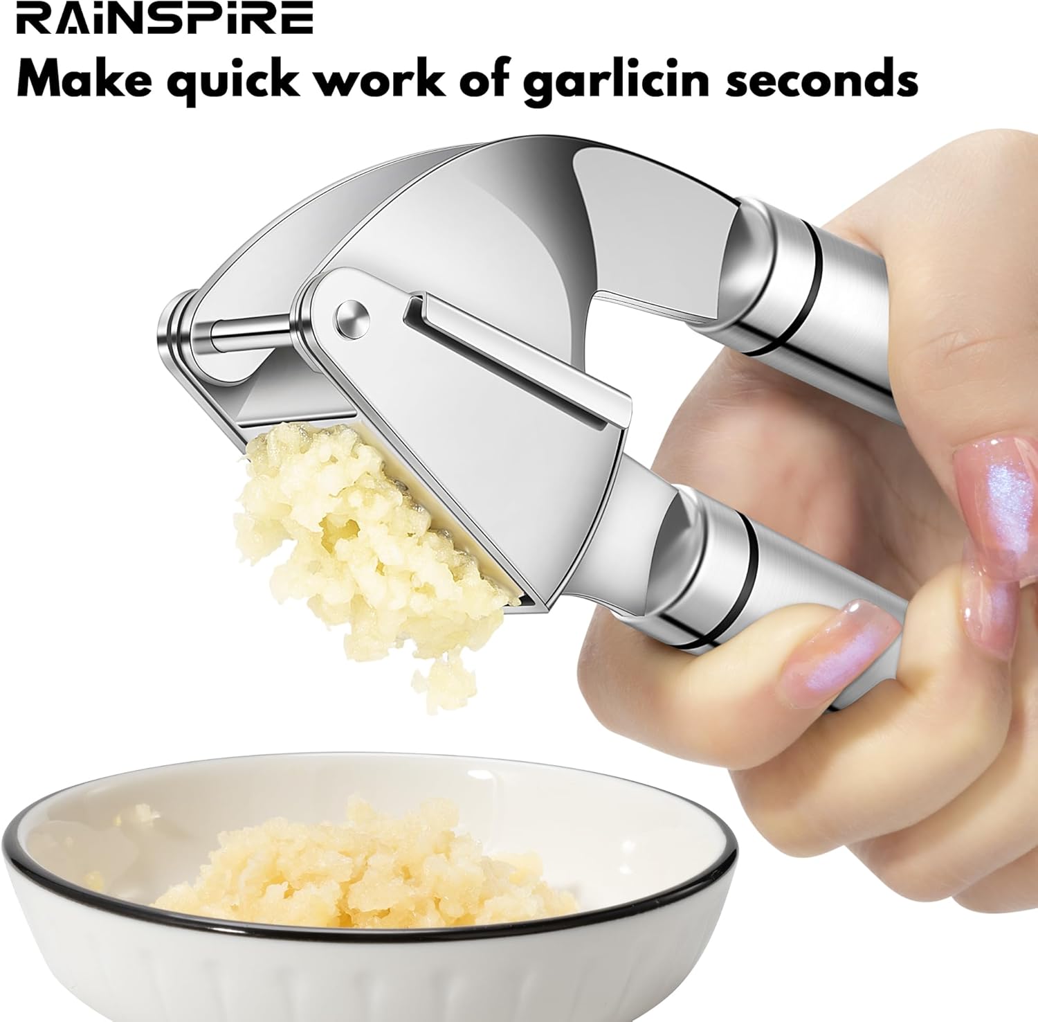 Rainspire Premium Garlic Press Stainless Steel, Garlic Mincer Tool, Garlic Crusher Tool, Garlic Smasher Garlic Masher Includes Silicone Garlic Peeler & Cleaning Brush, Dishwasher Safe (Silver)