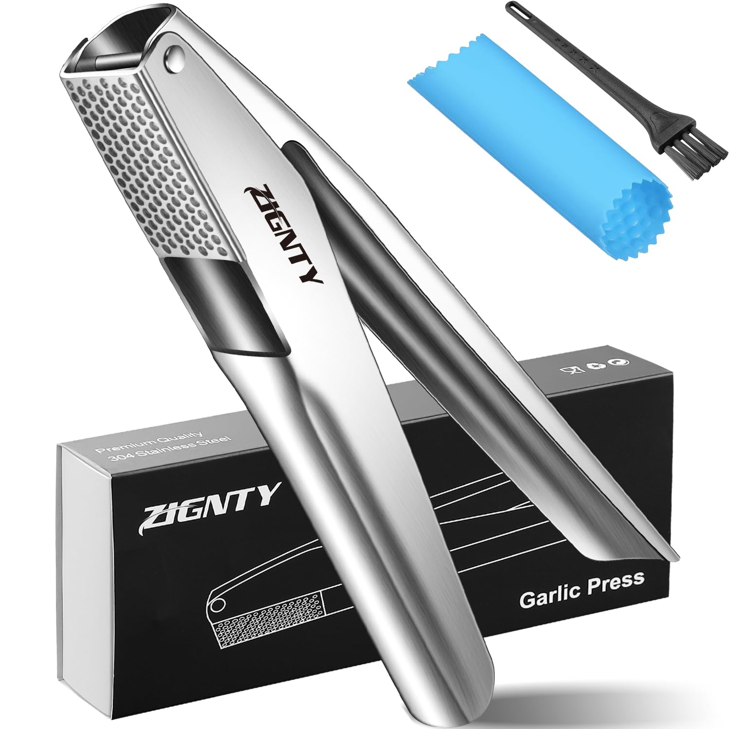 Garlic Press Stainless Steel,Premium Garlic Mincer Tool,No Need to Peel Garlic Ginger Crusher & Masher Easy Squeeze Large Trough Ergonomic Handle,Rust Proof,Dishwasher Safe (5 Years Warranty)