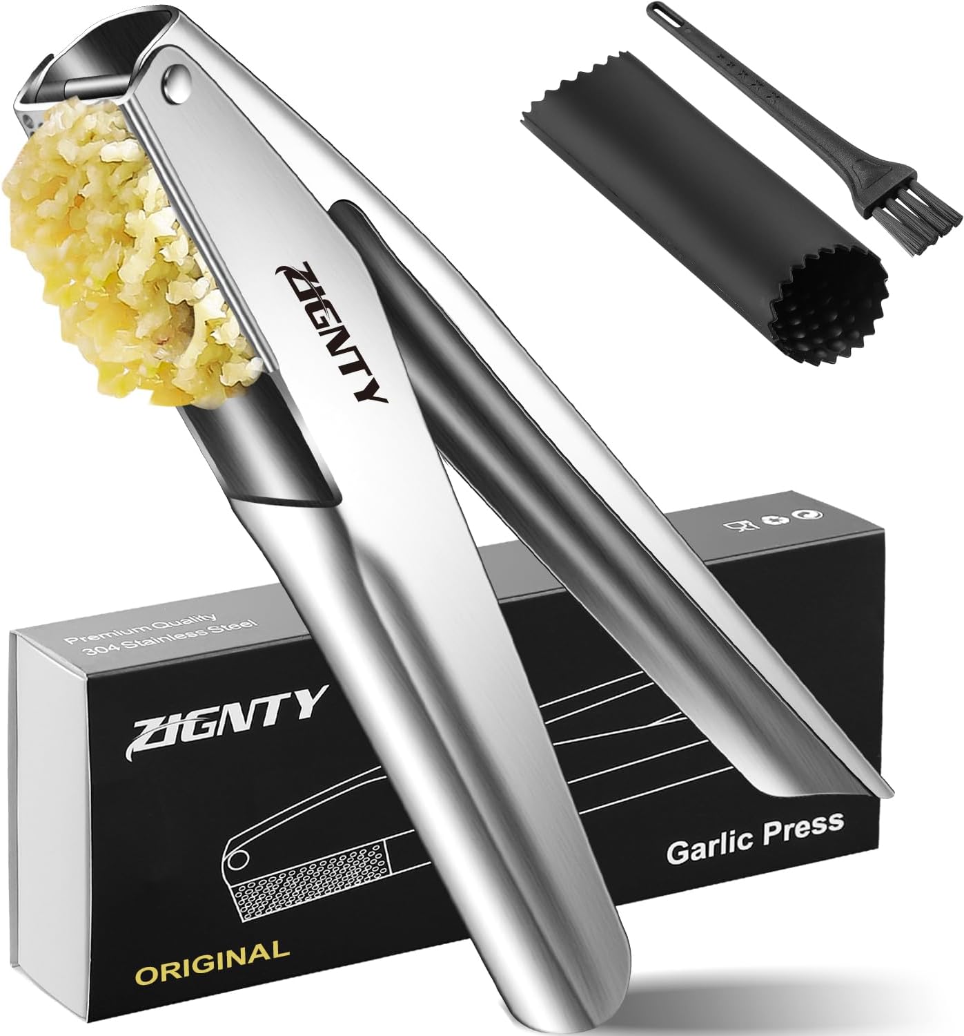 Garlic Press Stainless Steel,Premium Garlic Mincer Tool,No Need to Peel Garlic Ginger Crusher & Masher Easy Squeeze Large Trough Ergonomic Handle,Rust Proof,Dishwasher Safe (5 Years Warranty)