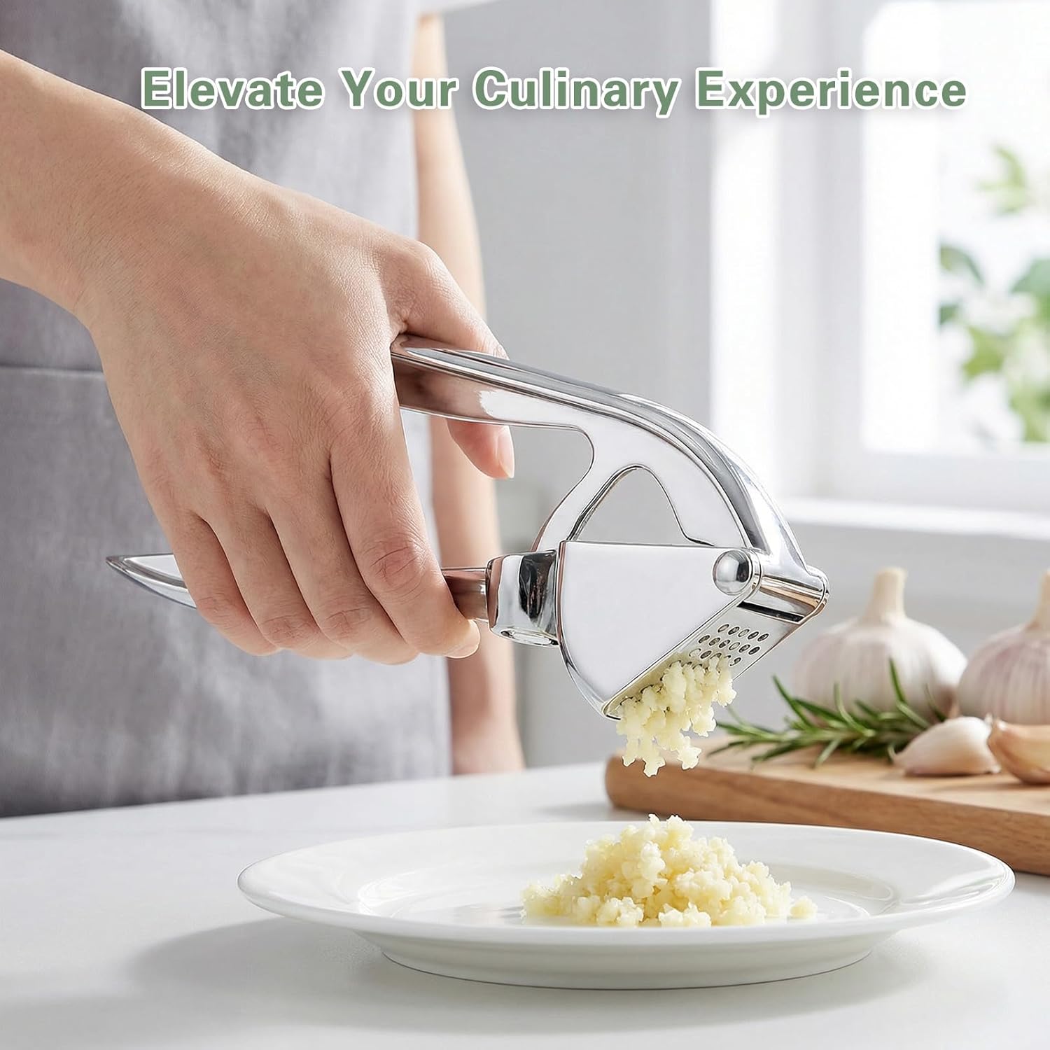Garlic Press, with Silicone Garlic Peeler and Cleaning Brush, Heavy Duty Mincer Crusher, Professional Zinc Alloy Kitchen Tool, Rust Proof Squeezer, Easy to Clean, Silver