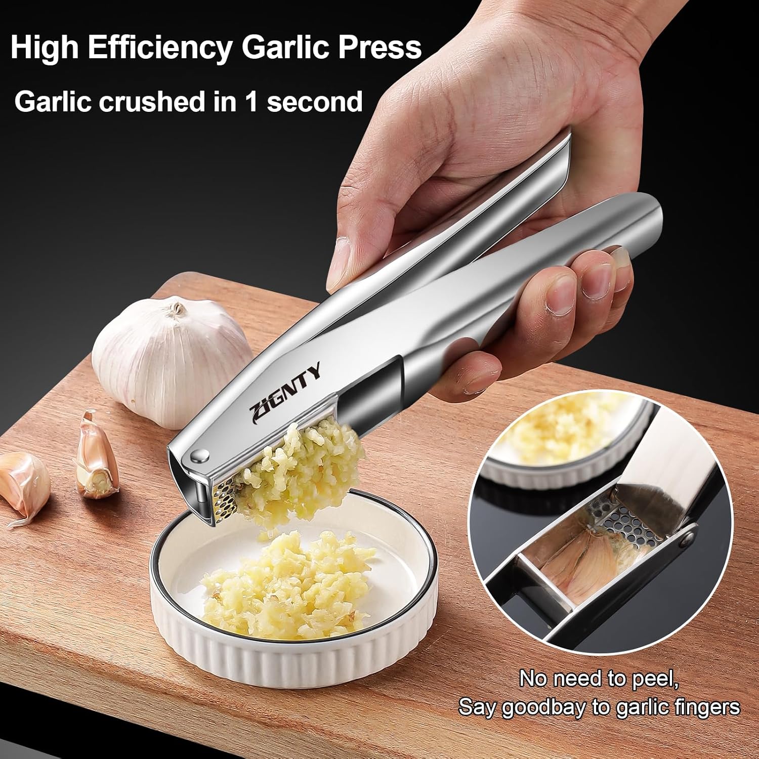 Garlic Press Stainless Steel,Premium Garlic Mincer Tool,No Need to Peel Garlic Ginger Crusher & Masher Easy Squeeze Large Trough Ergonomic Handle,Rust Proof,Dishwasher Safe (5 Years Warranty)