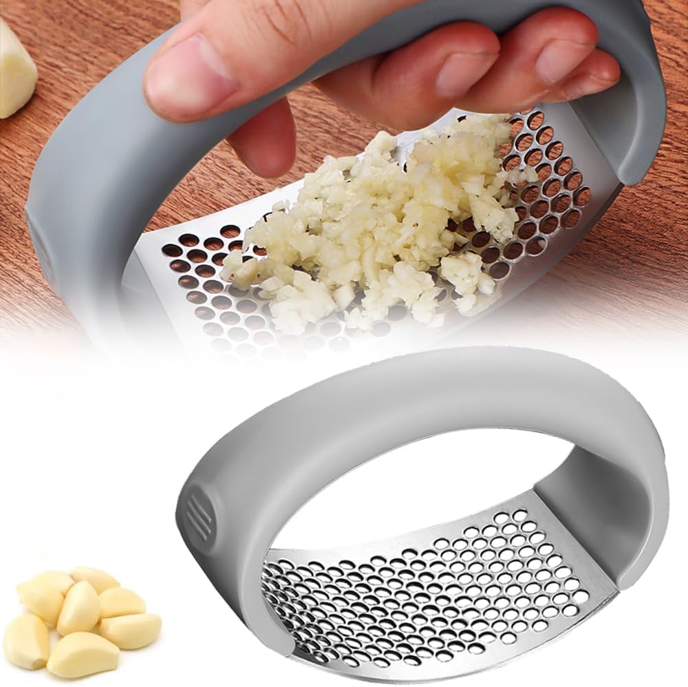 Garlic Press Rocker, Garlic Mincer Stainless Steel Garlic Crusher Squeezer Slicer Mincer Chopper Kitchen Gadget with Ergonomic Handle (Grey)