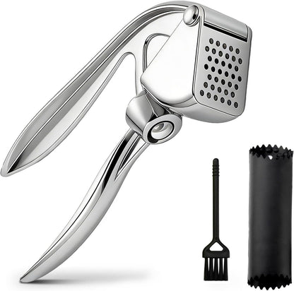 Garlic Press, with Silicone Garlic Peeler and Cleaning Brush, Heavy Duty Mincer Crusher, Professional Zinc Alloy Kitchen Tool, Rust Proof Squeezer, Easy to Clean, Silver