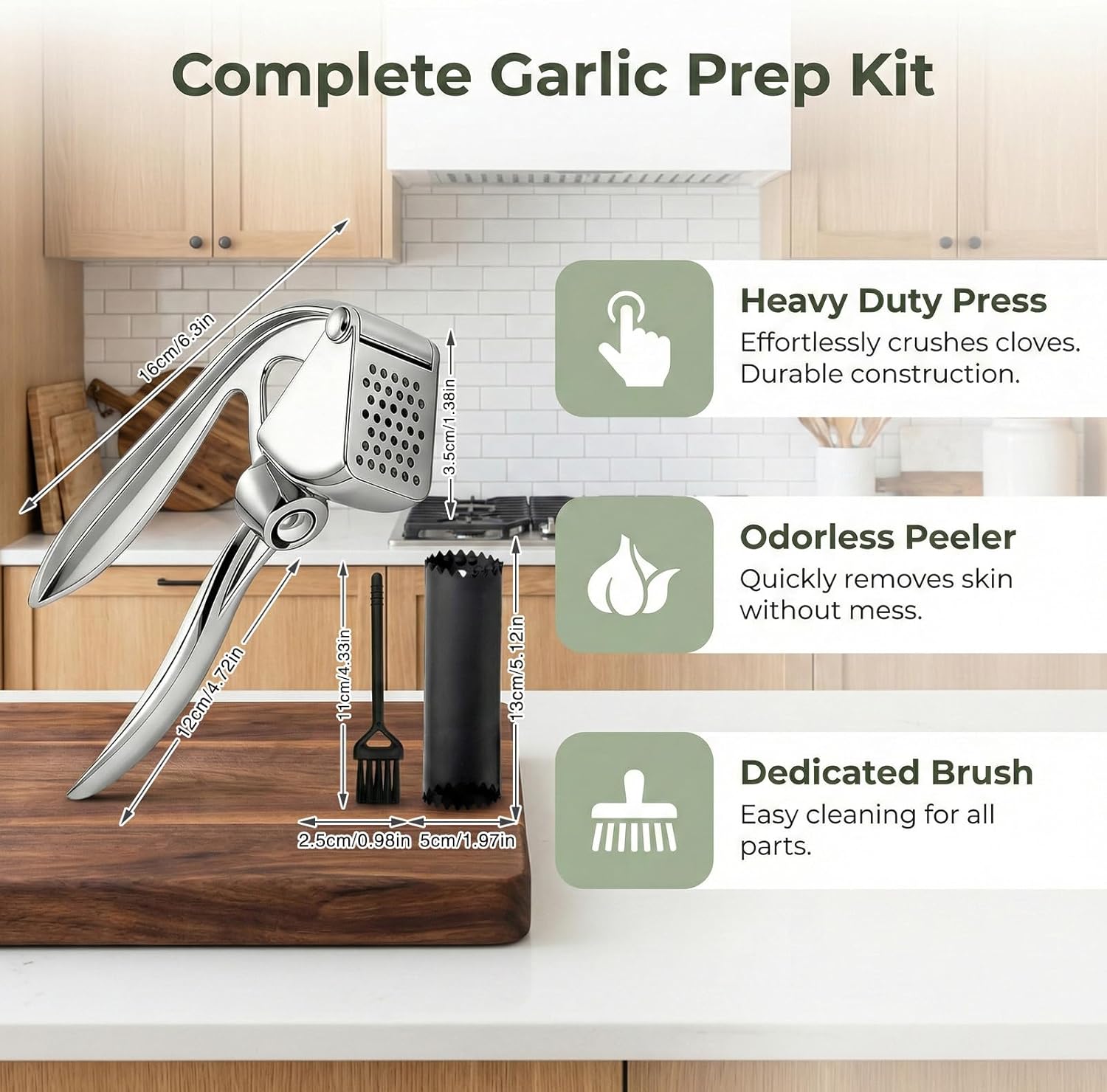 Garlic Press, with Silicone Garlic Peeler and Cleaning Brush, Heavy Duty Mincer Crusher, Professional Zinc Alloy Kitchen Tool, Rust Proof Squeezer, Easy to Clean, Silver