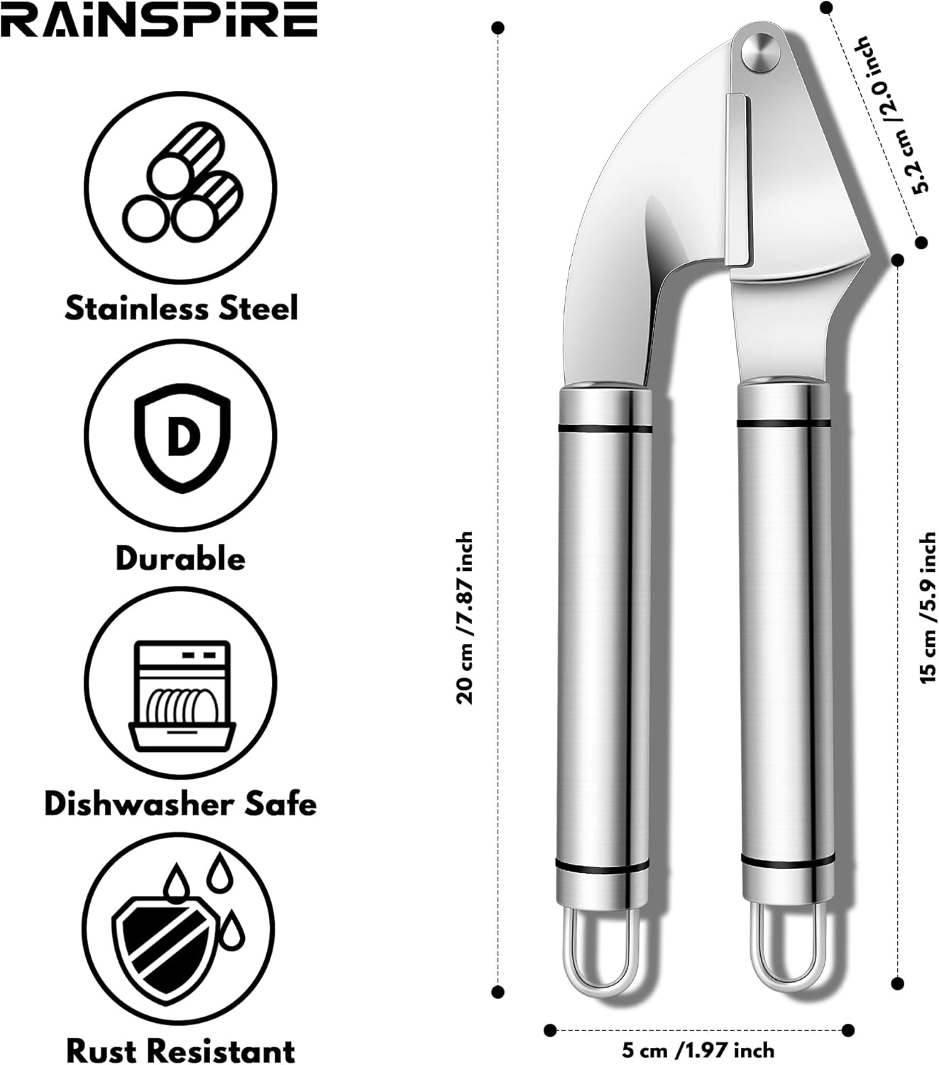 Rainspire Premium Garlic Press Stainless Steel, Garlic Mincer Tool, Garlic Crusher Tool, Garlic Smasher Garlic Masher Includes Silicone Garlic Peeler & Cleaning Brush, Dishwasher Safe (Silver)