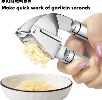 Rainspire Premium Garlic Press Stainless Steel, Garlic Mincer Tool, Garlic Crusher Tool, Garlic Smasher Garlic Masher Includes Silicone Garlic Peeler & Cleaning Brush, Dishwasher Safe (Silver)