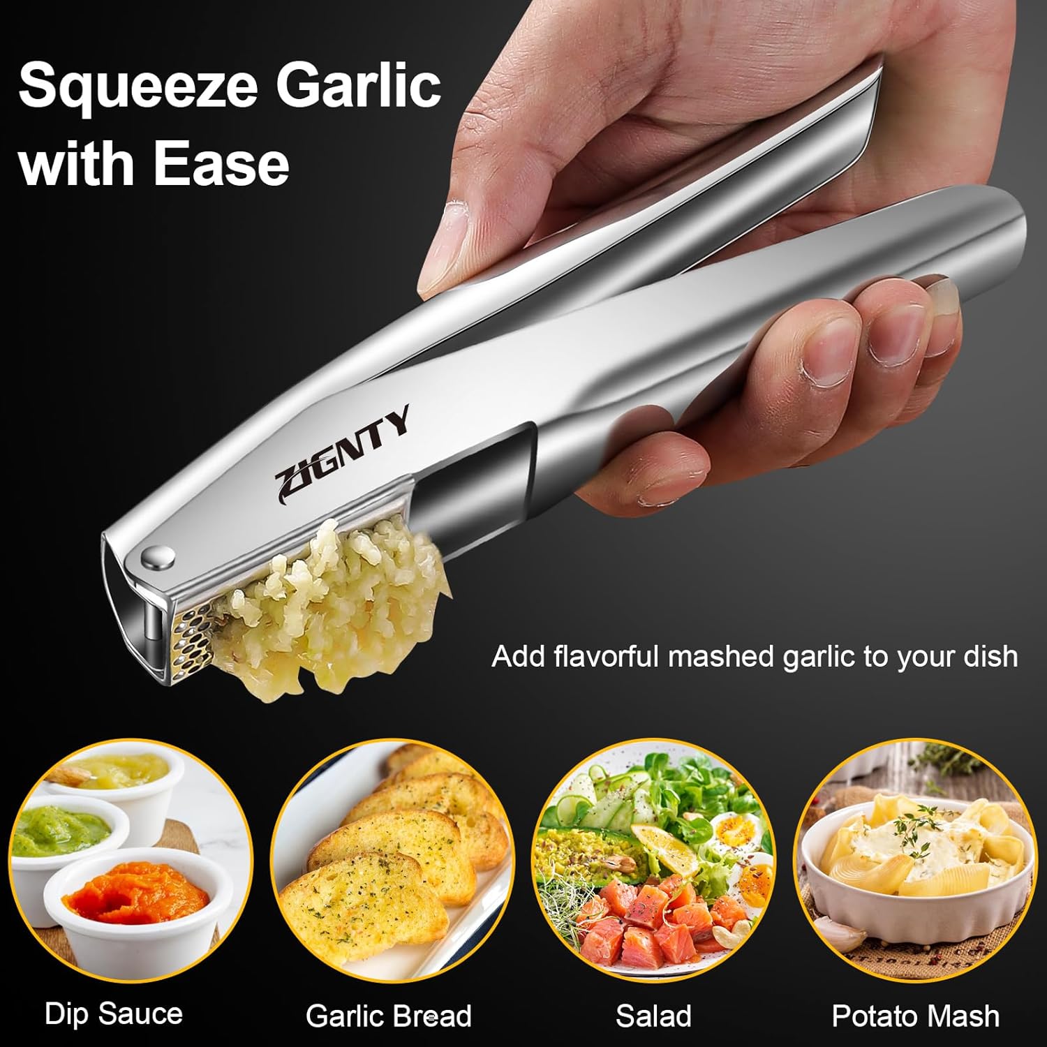 Garlic Press Stainless Steel，Premium Garlic Mincer Tool，No Need to Peel Garlic Ginger Crusher & Masher Easy Squeeze Large Trough Ergonomic Handle，Rust Proof，Dishwasher Safe (5 Years Warranty)