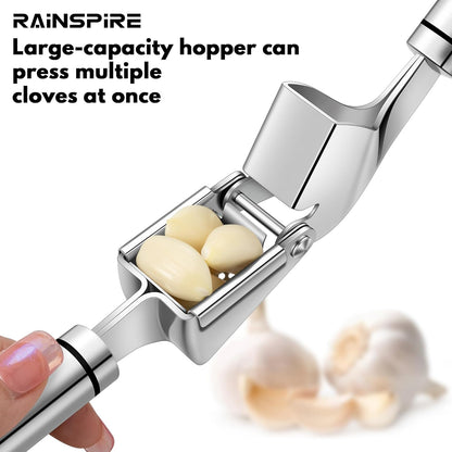 Rainspire Premium Garlic Press Stainless Steel, Garlic Mincer Tool, Garlic Crusher Tool, Garlic Smasher Garlic Masher Includes Silicone Garlic Peeler & Cleaning Brush, Dishwasher Safe (Silver)