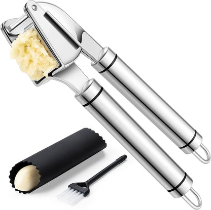 Rainspire Premium Garlic Press Stainless Steel, Garlic Mincer Tool, Garlic Crusher Tool, Garlic Smasher Garlic Masher Includes Silicone Garlic Peeler & Cleaning Brush, Dishwasher Safe (Silver)