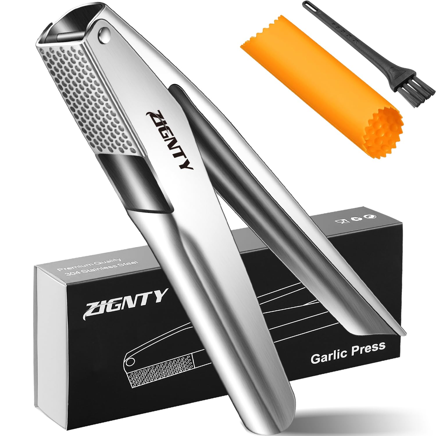 Garlic Press Stainless Steel，Premium Garlic Mincer Tool，No Need to Peel Garlic Ginger Crusher & Masher Easy Squeeze Large Trough Ergonomic Handle，Rust Proof，Dishwasher Safe (5 Years Warranty)