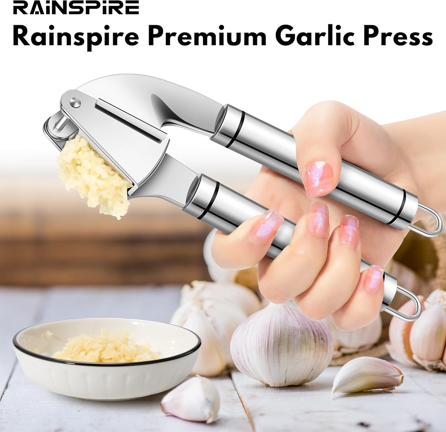 Rainspire Premium Garlic Press Stainless Steel, Garlic Mincer Tool, Garlic Crusher Tool, Garlic Smasher Garlic Masher Includes Silicone Garlic Peeler & Cleaning Brush, Dishwasher Safe (Silver)