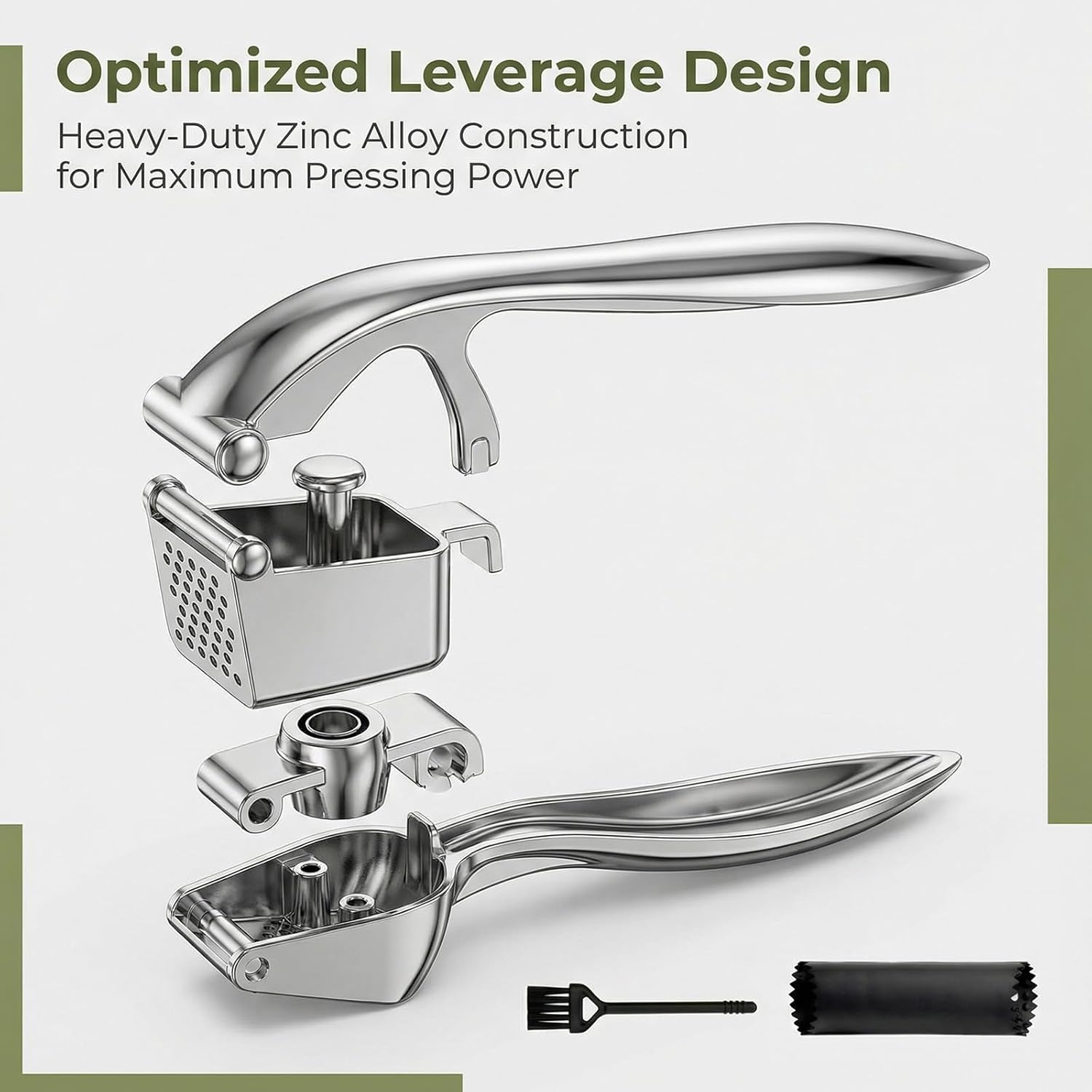 Garlic Press, with Silicone Garlic Peeler and Cleaning Brush, Heavy Duty Mincer Crusher, Professional Zinc Alloy Kitchen Tool, Rust Proof Squeezer, Easy to Clean, Silver