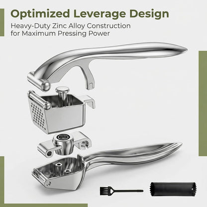 Garlic Press, with Silicone Garlic Peeler and Cleaning Brush, Heavy Duty Mincer Crusher, Professional Zinc Alloy Kitchen Tool, Rust Proof Squeezer, Easy to Clean, Silver