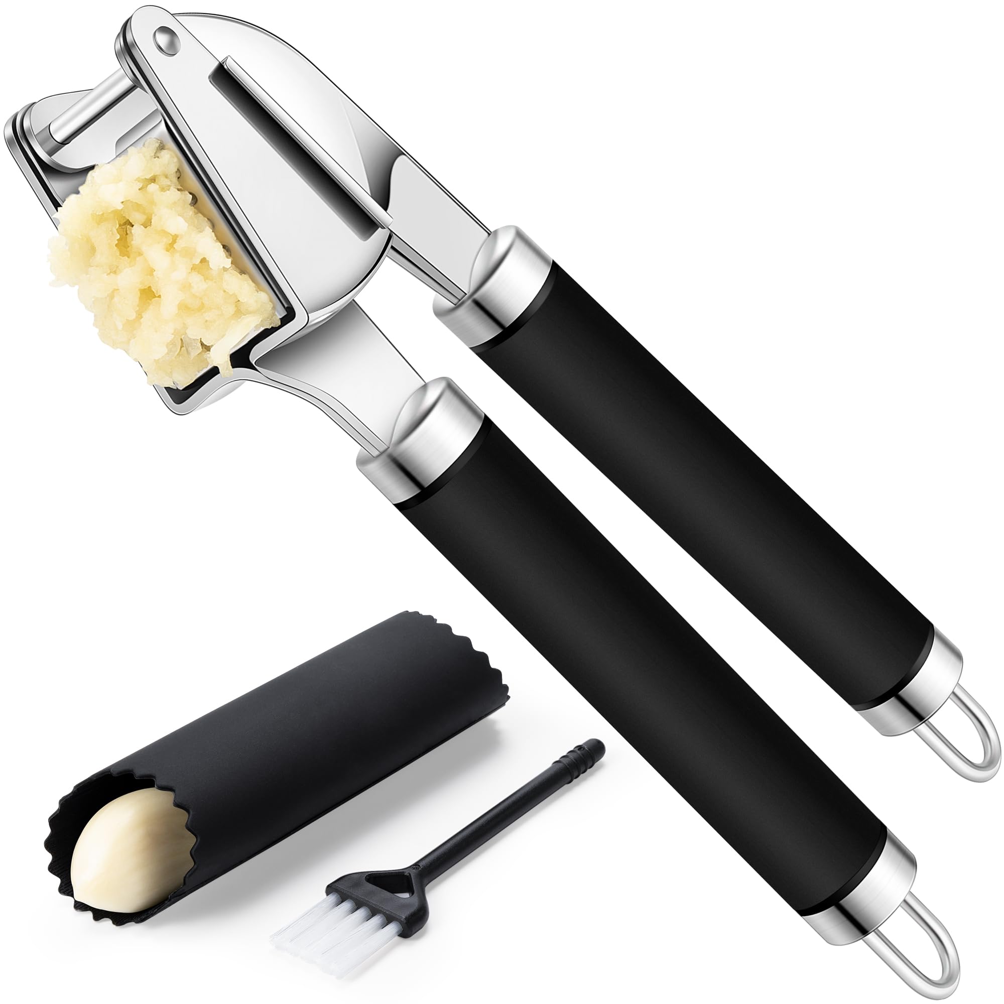 Rainspire Premium Garlic Press Stainless Steel, Garlic Mincer Tool, Garlic Crusher Tool, Garlic Smasher Garlic Masher Includes Silicone Garlic Peeler & Cleaning Brush, Dishwasher Safe (Silver)