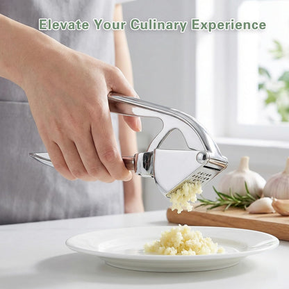 Garlic Press, with Silicone Garlic Peeler and Cleaning Brush, Heavy Duty Mincer Crusher, Professional Zinc Alloy Kitchen Tool, Rust Proof Squeezer, Easy to Clean, Silver