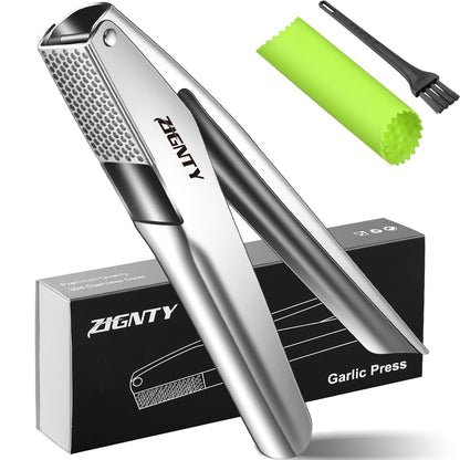 Garlic Press Stainless Steel，Premium Garlic Mincer Tool，No Need to Peel Garlic Ginger Crusher & Masher Easy Squeeze Large Trough Ergonomic Handle，Rust Proof，Dishwasher Safe (5 Years Warranty)